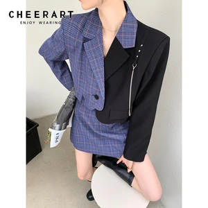 Женский клетчатый укороченный пиджак CHEERART, лоскутный жакет на одной пуговице, модный костюм с блейзером, уличная одежда, осень 2020