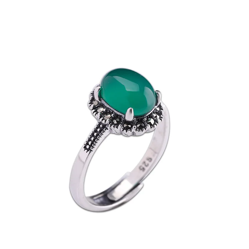 

S925 Sterling Silver Ornament Thai Silver Open Lady Green Chalcedony Ring