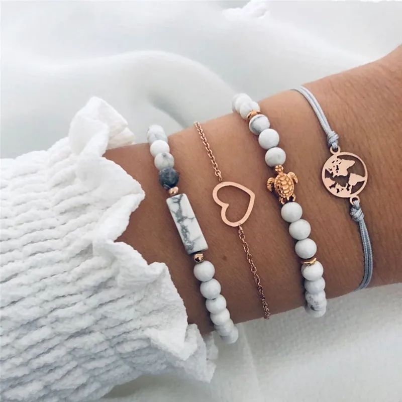 

Wholesale 4pcs/set Natural Stone Beads Charm Chain Bracelets For Women Geometric Map Heart Tortoise Bracelet Set Boho Jewelry