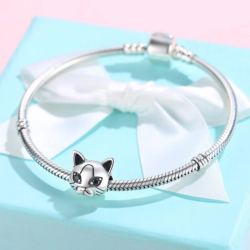 925 стерлингового серебра кошка черный камень глаз с милыми животными