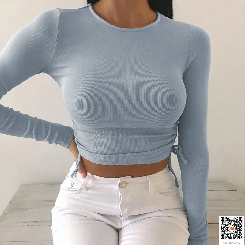 

Women Casual Tees New Fashion Tops Solid O-Neck Long Sleeve Crop Top Women Side Drawstring Ruched White T-Shirt Female Tee Shirt