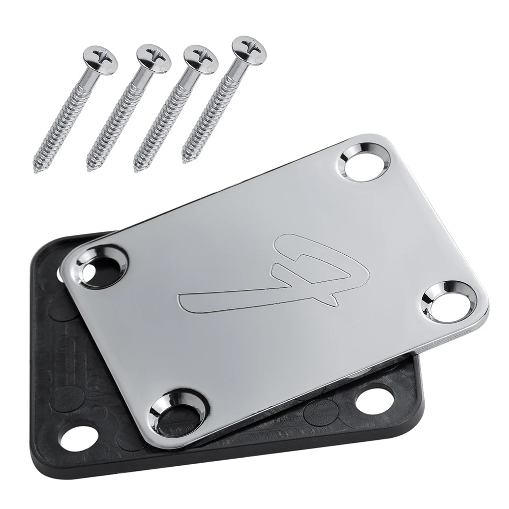 

70s F Logo Strat/Tele 4-Bolt Chrome/Black Guitar Neck Plate Neckplate w/Screws