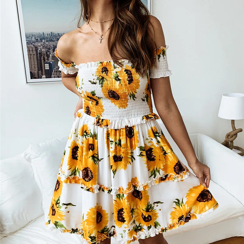 

Summer Casual Elegant Women Print Mini Dress 2020 Fashion Slash Neck Ruffles Slim Dresses