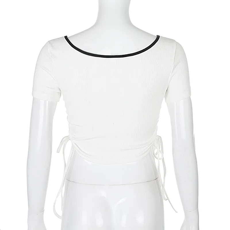 

Side double drawstring waist chest chain round neck short sleeve T shirt woman