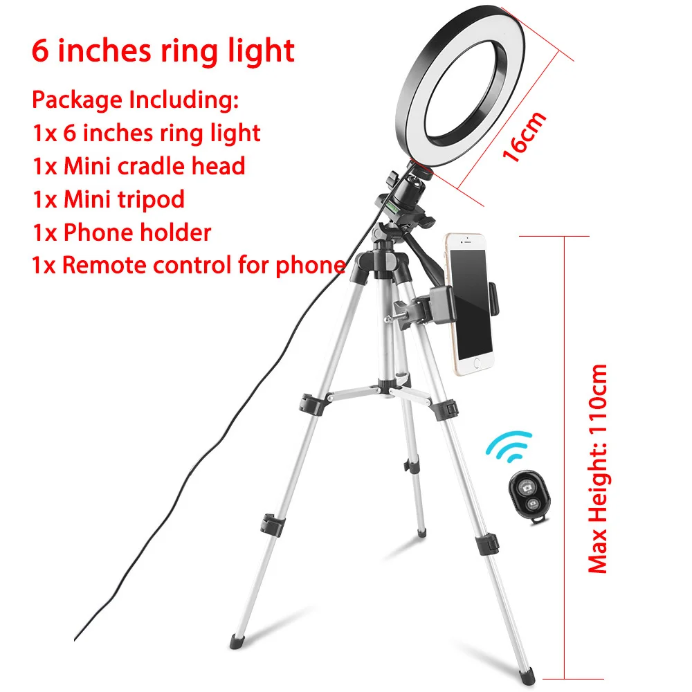 6 light 110 tripod Capsaver 6 дюймов 20 см 26 см светодиодный светильник для селфи кольцевые лампы с регулируемой яркостью для макияжа кольцевая лампа USB кольцо с фотографией светильник для видео Youtube Live - Цвет: 6 light 110 tripod