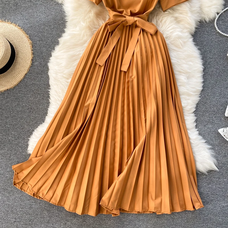 

Vintage Square Collar Pleated Dress Women Spring Summer 2021 New Fashion Yellow/Blue/Red High Waist Bandage Party Vestidos Robe
