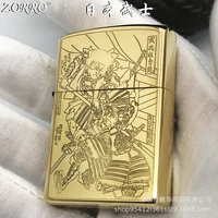 brass samurai pure copper kerosene lighter fine carving mens gifts smoking accessories