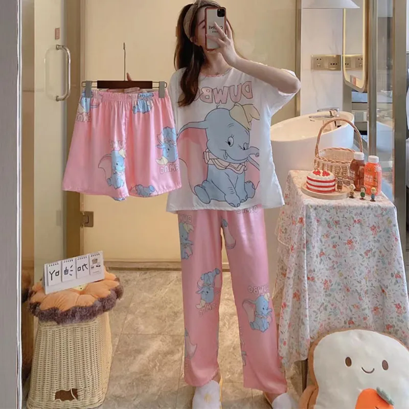 Cute Pijamas with Shorts for Women 3 Pieces Set Spring Summer Homewear Anime Elephant Dumbo Pajama Girls Cartoon Pyjama Thin New