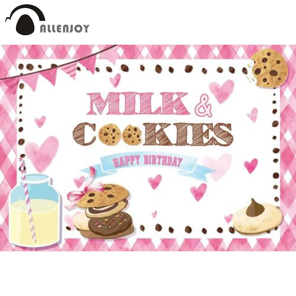 

Allenjoy Milk Cookies Happy Birthday Backdrop Girls Teens Pink Plaid Wall Baby Shower Party Supplies Decorations Photo Booth