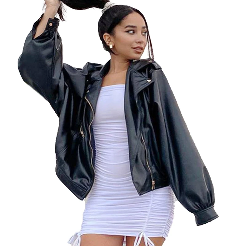 

New Hot Sale Womens Casual Long-sleeved Leather Coat Fashion Solid Color Front Zipper Open Suit Collar Jacket Wholesale