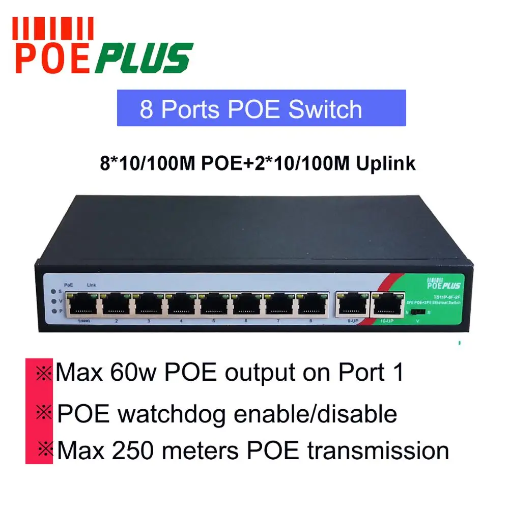 Сертифицированный AI 8 портов коммутатор питания через Ethernet 10/100 Мбит/с устройство