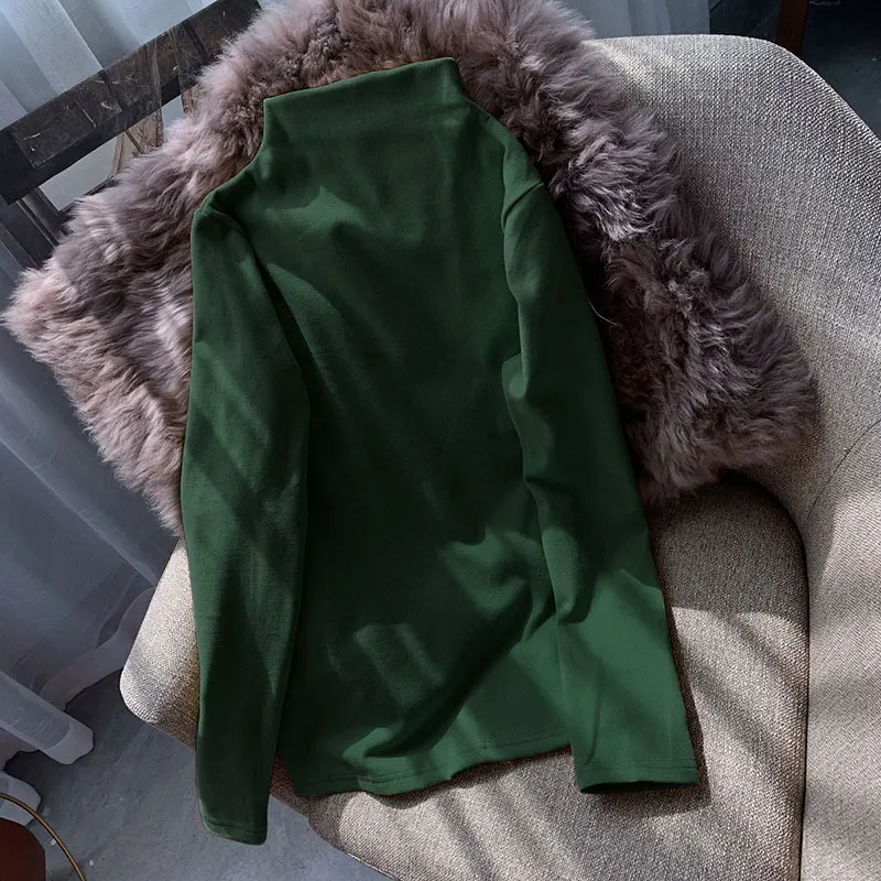 

Half Turtleneck Plus Velvet Thickening Base Shirt Female Autumn and Winter Western Style Fashion All-Matching Long Sleeves Inner