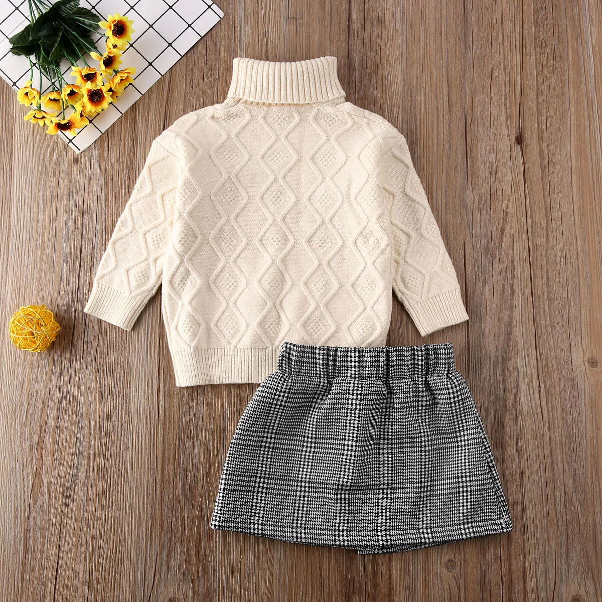 2020 Autumn Winter Kids Baby Girl Clothes Sets Turtleneck Knit Sweater Tops + Plaid Print Mini Skirt Outfit | Детская одежда и