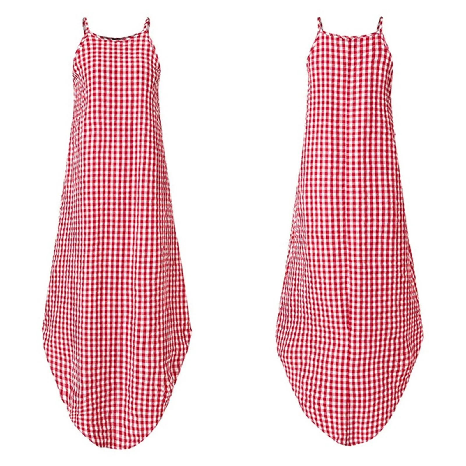 

40# Women's Summer Fashion Sexy Round Neck Plaid Print Dovetail Sling Irregular Hem Maxi Dress Vestido De Mujer