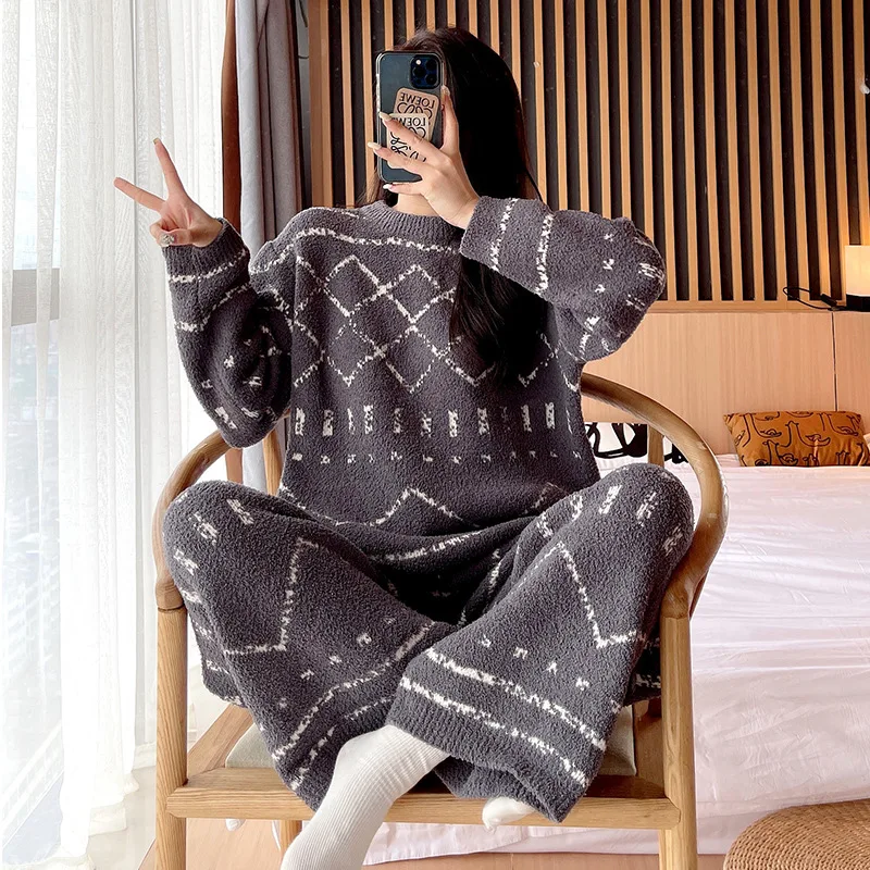 저렴한 캐주얼 PJS 여성 잠옷 세트 뜨개질 잠옷 가을 따뜻한 두 조각 정장 라운지 착용 셔츠 & 바지 느슨한 Nightwear 가정 의류 구매 캐주얼 PJS 여성 잠옷 세트 뜨개질 잠옷 가을 따뜻한 두 조각 정장 라운지 착용 셔츠 & 바지 느슨한 Nightwear 가정 의류