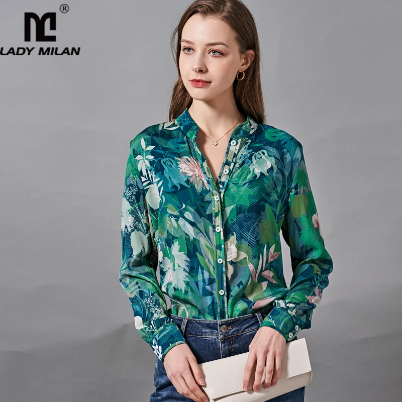 

Женская рубашка из 92% спандекса, 8% шелк, с V-образным вырезом и длинными рукавами, модная блузка с цветочным принтом