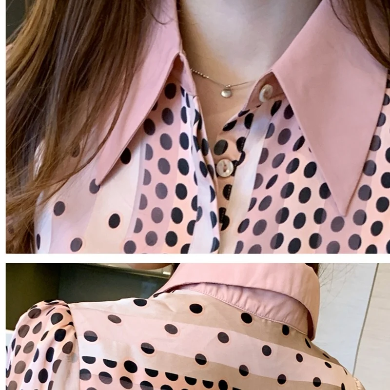 

TingYiLi Contrast Color Pink Polka Dot Women Shirts Korean Elegant Ladies Fashion Blouse Shirts Spring Autumn Long Sleeve Tops
