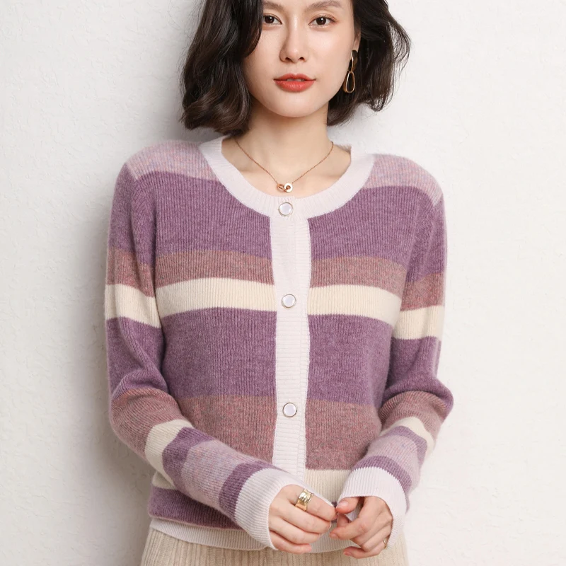Осенний Новый кардиган с круглым вырезом свитер шерстяное вязаное однобортное