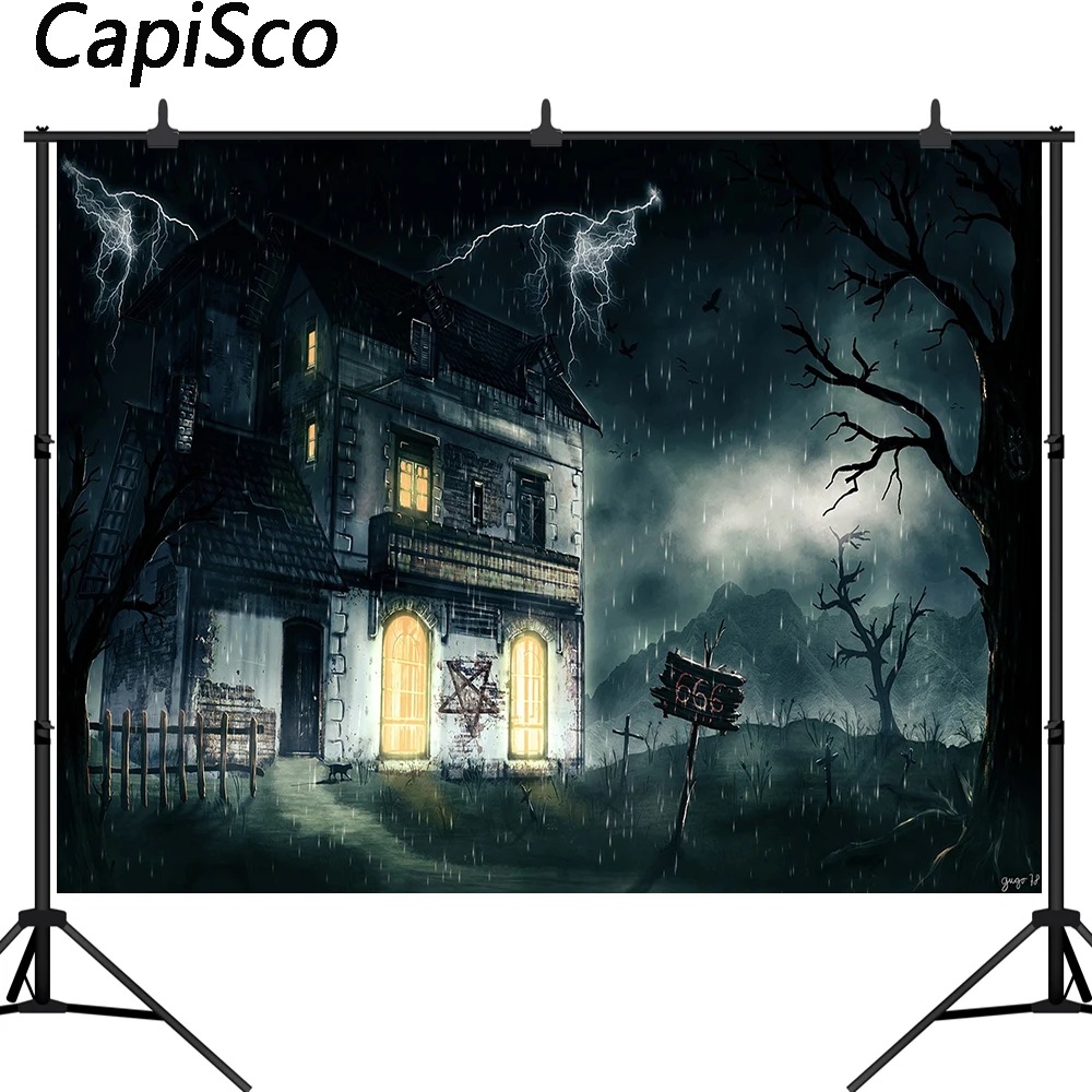 Каписко Хэллоуин фотографии фоны дом с привидениями дождливая ночь Мрачный лес