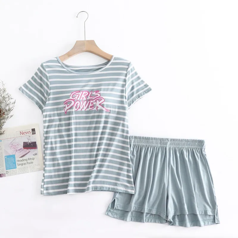 

New Student Sleepwear Set Fashion Print Striped Shirt + Shorts Summer Pajamas Women Chest Pad Modal Comfortable Pijamas Femme