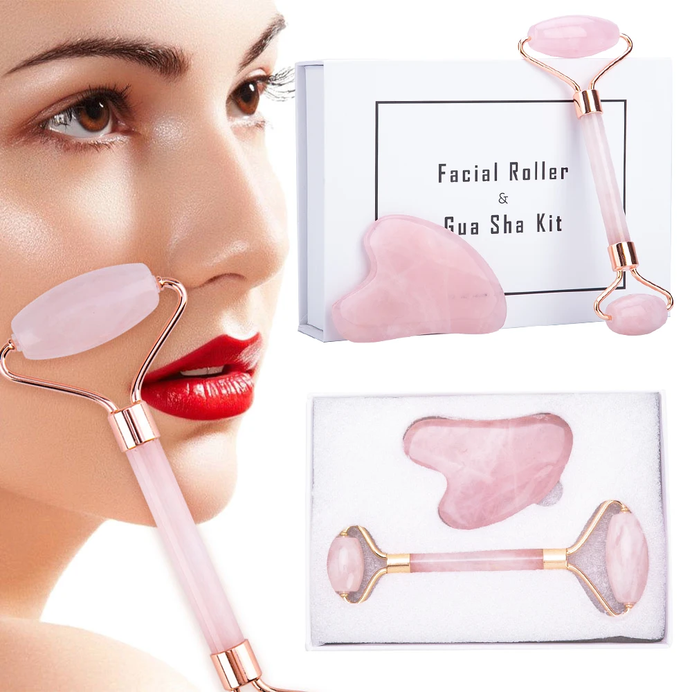 Розовый кварц Нефритовый ролик массажер для лица похудения роликовый камень