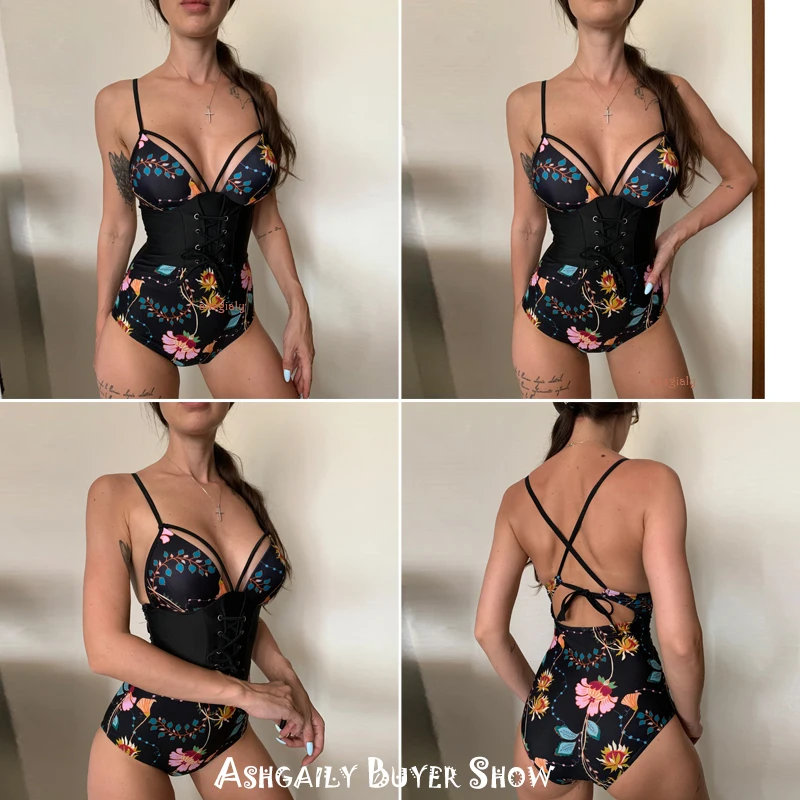

2021 New Abdomen Control Wasit Push Up Swimsuit Print Swimwear Vintage Retro Bathing Suits Bodysuit Beach Wear Backless