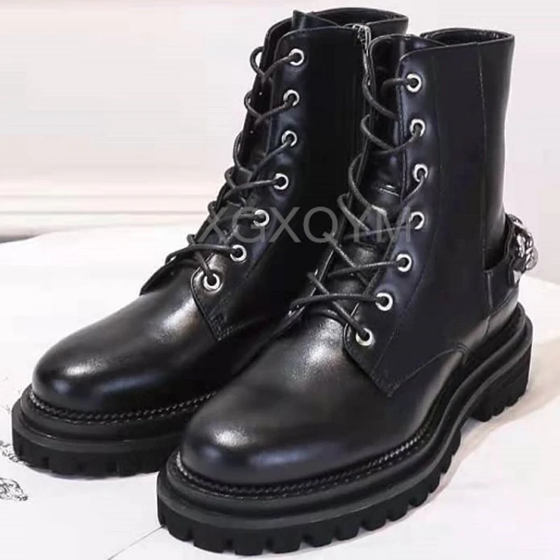 Beli Sepatu Bot Pergelangan Kaki Wanita Kulit Asli Musim Gugur Sepatu Bot Pendek Platform Dekorasi Rantai Renda Sepatu Bot Martin Wanita Ritsleting Ujung Bundar 2021