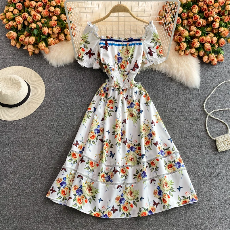 

LY VAREY LIN New Summer Women Casual A Line Square Collar Lady Short Dress Elegant Puff Sleeve Print Chiffon Pullover Dress