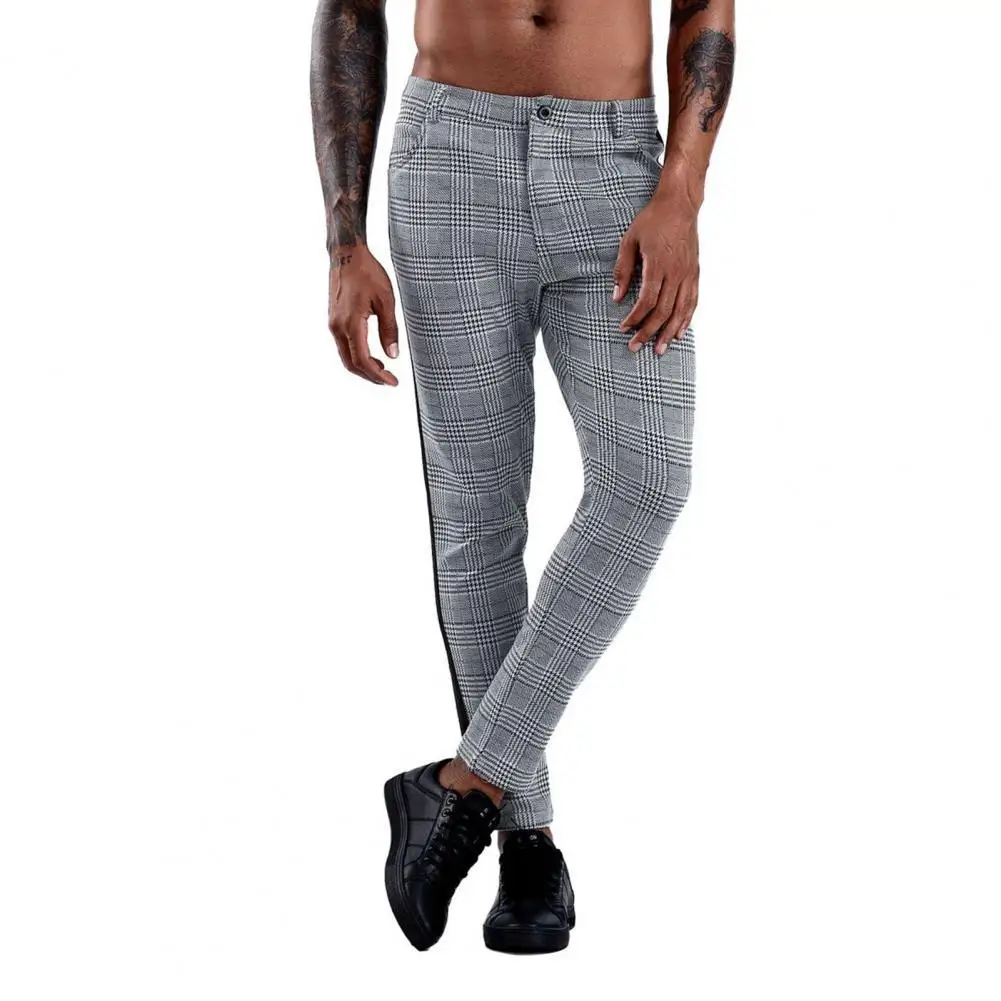 

Casual Plaid Pants Men Slim Business Breathable Polyester Elastic Skinny Trousers Pockets Formal Male Dress Suits Pants