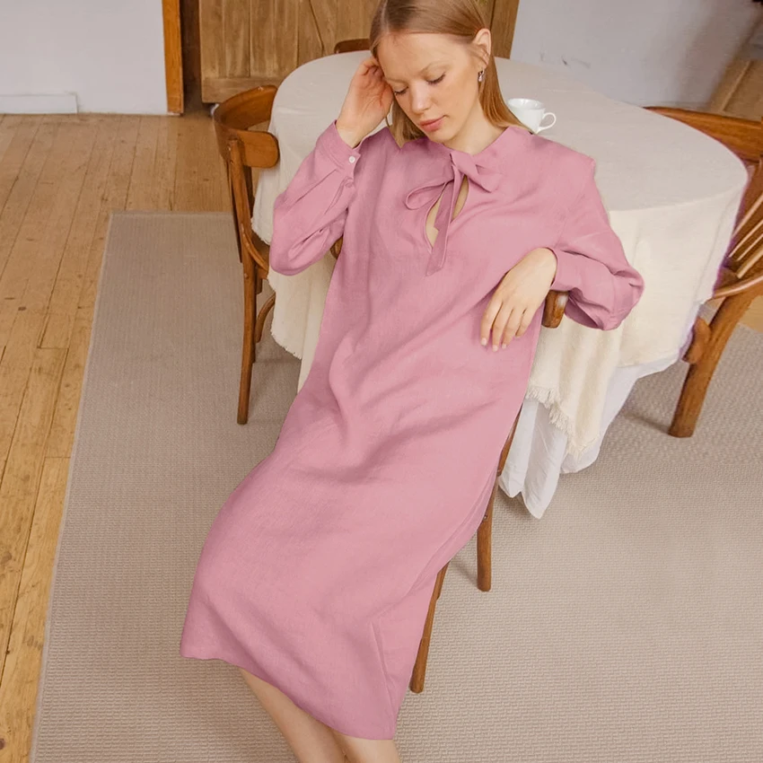 

Restve Casual Women Nightdress Pink Long Sleeve O Neck Lace Up Home Dress Winter Female Homewear Vintage Dresses Solid 2022