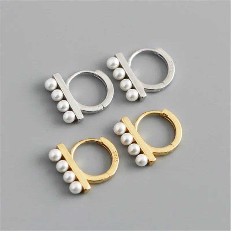 

925 Sterling Silver Punk Round Pearl Bead Charm Stud Earring For Women Jewelry Pendientes Accessories eh967