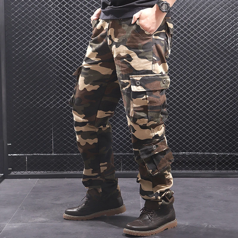 

Бренд Thoshine для мужчин, повседневные брюки-карго штаны прямого кроя; 95% хлопок много карманов в стиле милитари с камуфляжным принтом штаны Св...