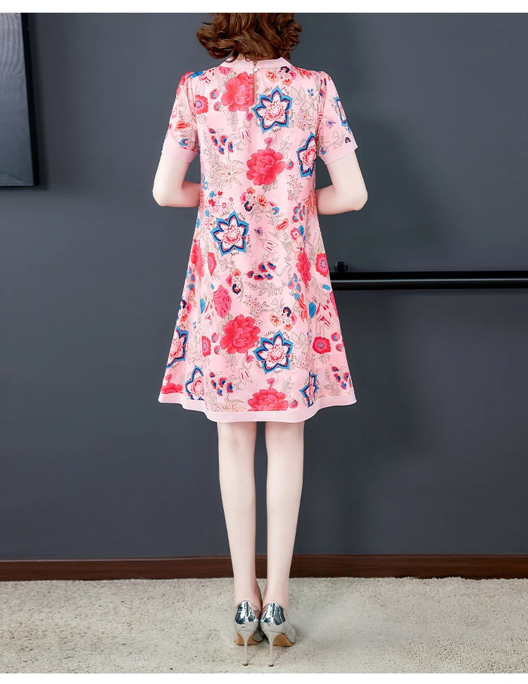 

New fashion short sleeve printed silk silk dress women's summer 2021 medium length loose and thin skirt