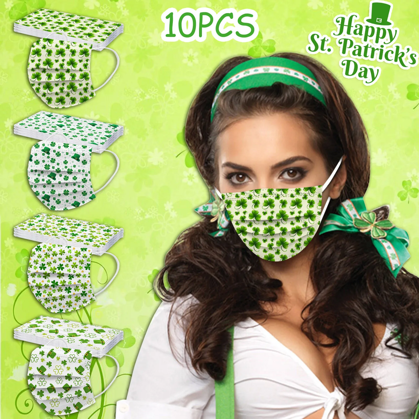 

10pcs Unisex Adult's Mask Disposable Face Mask Saint Patrick Festival Green Mask Four Leaf Clover Print Industrial 3-Layer Masks
