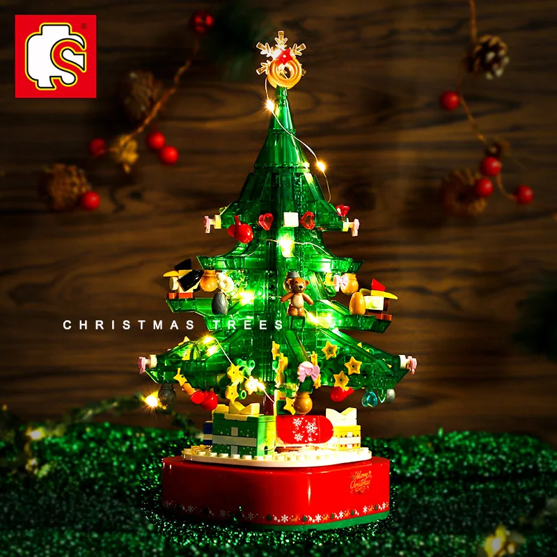 

486pcs MOC Christmas Tree Rotating Light Music Box Mini Assembled Building Blocks Bricks Educational Toys Kids Christmas Gifts