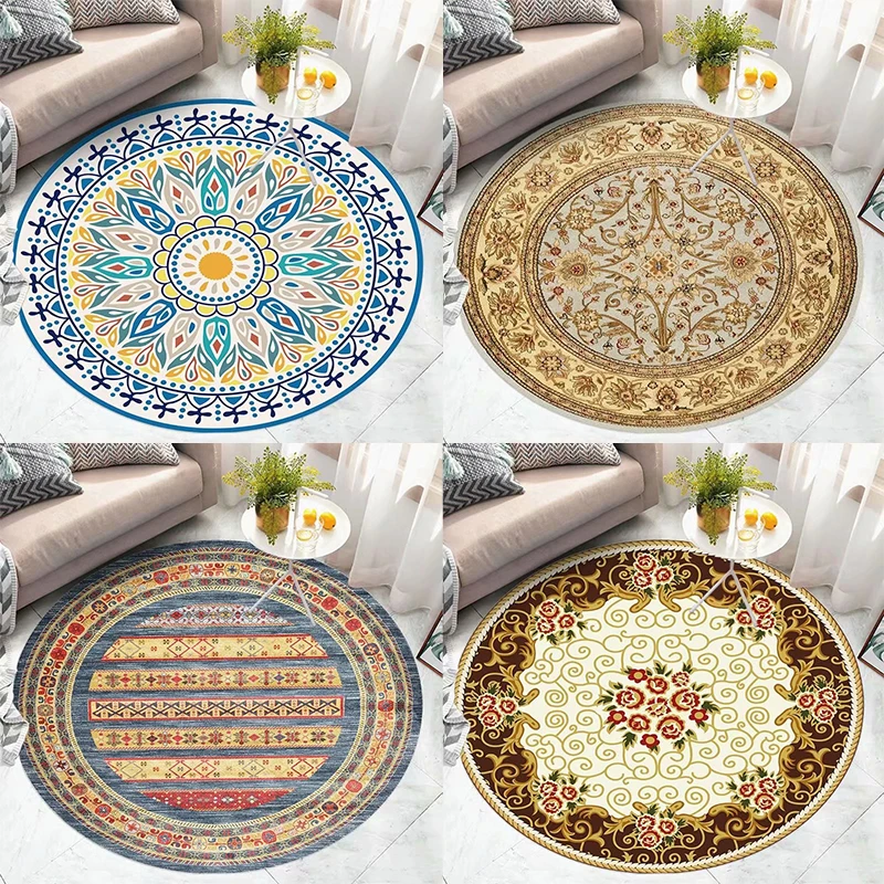 

2022 Nordic Round Living Room Carpet Retro Print Decor Rugs For Bedroom Fashion Ethnic Style Home Room Lint-Free Carpets Mat New