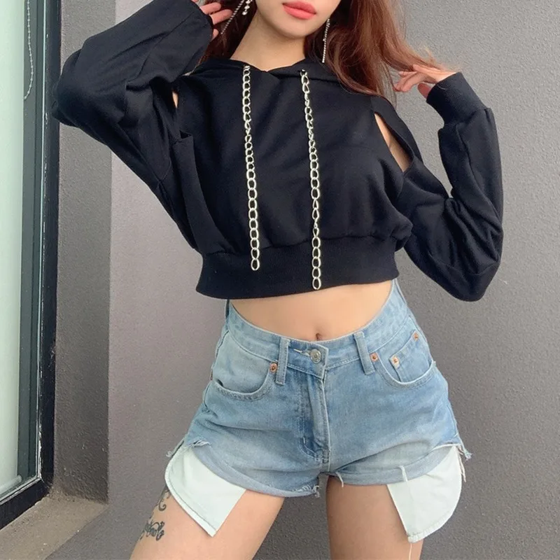 

New Fashion Autumn Spring Long Sleeve Cut Out Chain Hoodie Short Sweatshirt Hollow Crop Top Women's Clothing Women Sexy Hoodie