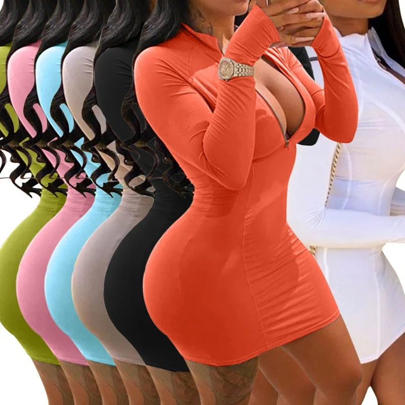 

Laamei Women Bodycon Ribbed Dress 2020 Long Sleeve Mini Dress Zipper Deep V-neck Solid Stretch Pencil Dress Short Vestido Club