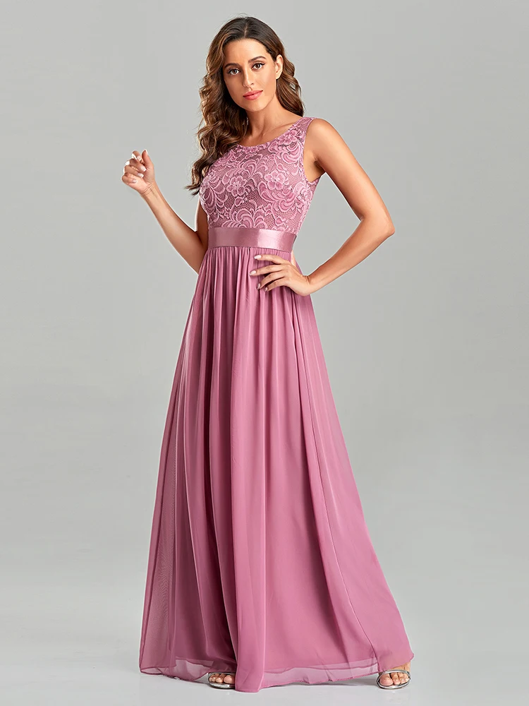 

2021New Women Evening Dresses O-Neck Lace Chiffon Formal Evening Gown Robe Vestidos De fiesta Dress for Wedding Party Bridesmaid