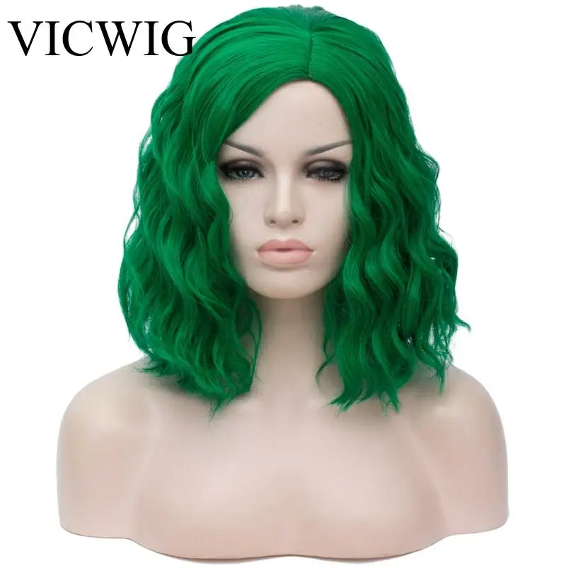 Короткий вьющийся зеленый парик VICWIG женские розовые фиолетовые синие серые