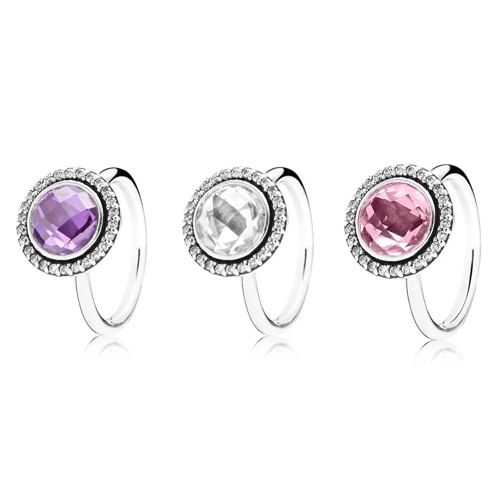 

925 Sterling Silver Ring Charms Brilliant Legacy Purple Clear CZ Crystal Round Finger Ring For Women Wedding Jewelry