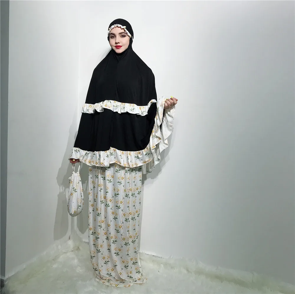 

Ramadan Eid Women Prayer Garment Print Muslim Set 2 Piece Matching Outfit Hooded Khimar Hijab Long Skirt Abaya Dress Islam 2021