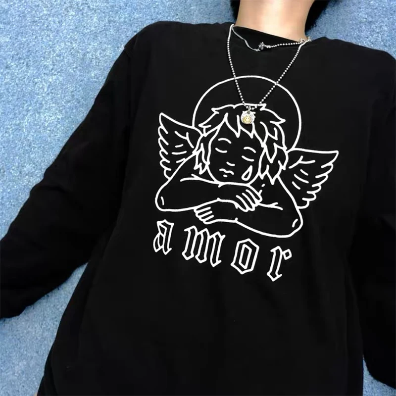 

Hillbilly Cute Amor Angel Printed Black Long Sleeve Unisex Cool Shirt Autumn Oversized Streetwear Cotton Tops O Neck Gothic Tees