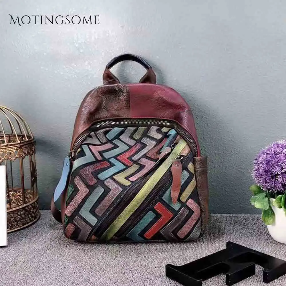Bolsa de Escola Moda para Adolescente Genuíno Couro Mochila Feminina Retalhos Luxo Mochilas Menina 2021 Novo 100%