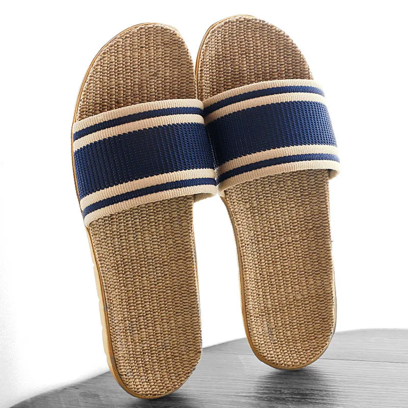 Wholesale Men's Summer Flax Slippers Women's/Man Stripes Linen Slides Female/Male Indoor Bathroom Home Shoes Couple Flip Flops