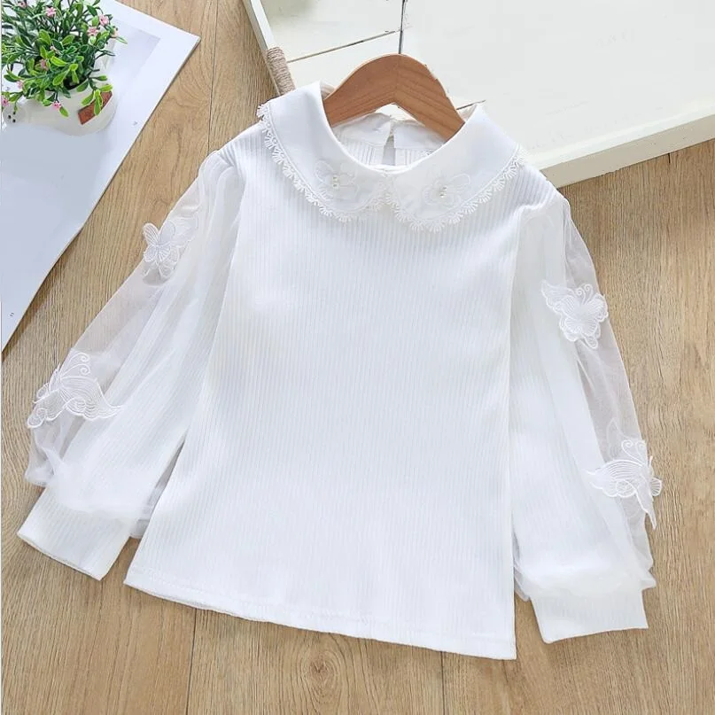 Блузка для девочек белая кружевная с длинными рукавами-фонариками и отложным