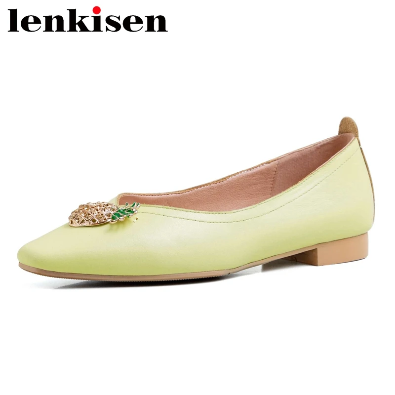 

Lenkisen natural leather square toe low heel shoes women breathable pineapple decorations Korean street girls sweet pumps L15