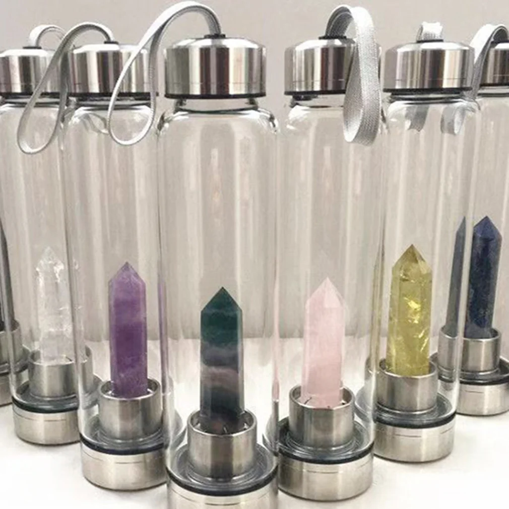 

Natural Quartz Gemstone Glass Water Bottle Portable Car Drinking Cup Glass Crystal Obelisk Wand Healing Bottle with Rope Cover