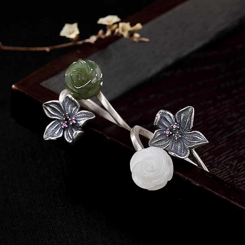Женское серебряное кольцо с розой Открытое в стиле ретро из натуральной Jade Jasper