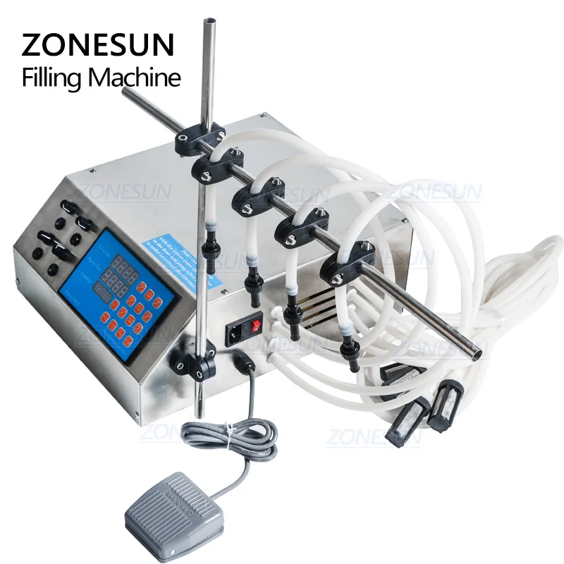 ZONESUN 4 сопла бутылка наполнителя воды полуавтоматическая машина для наполнения жидких флаконов настольная машина для Сока Напитков соевое масло для соуса духи